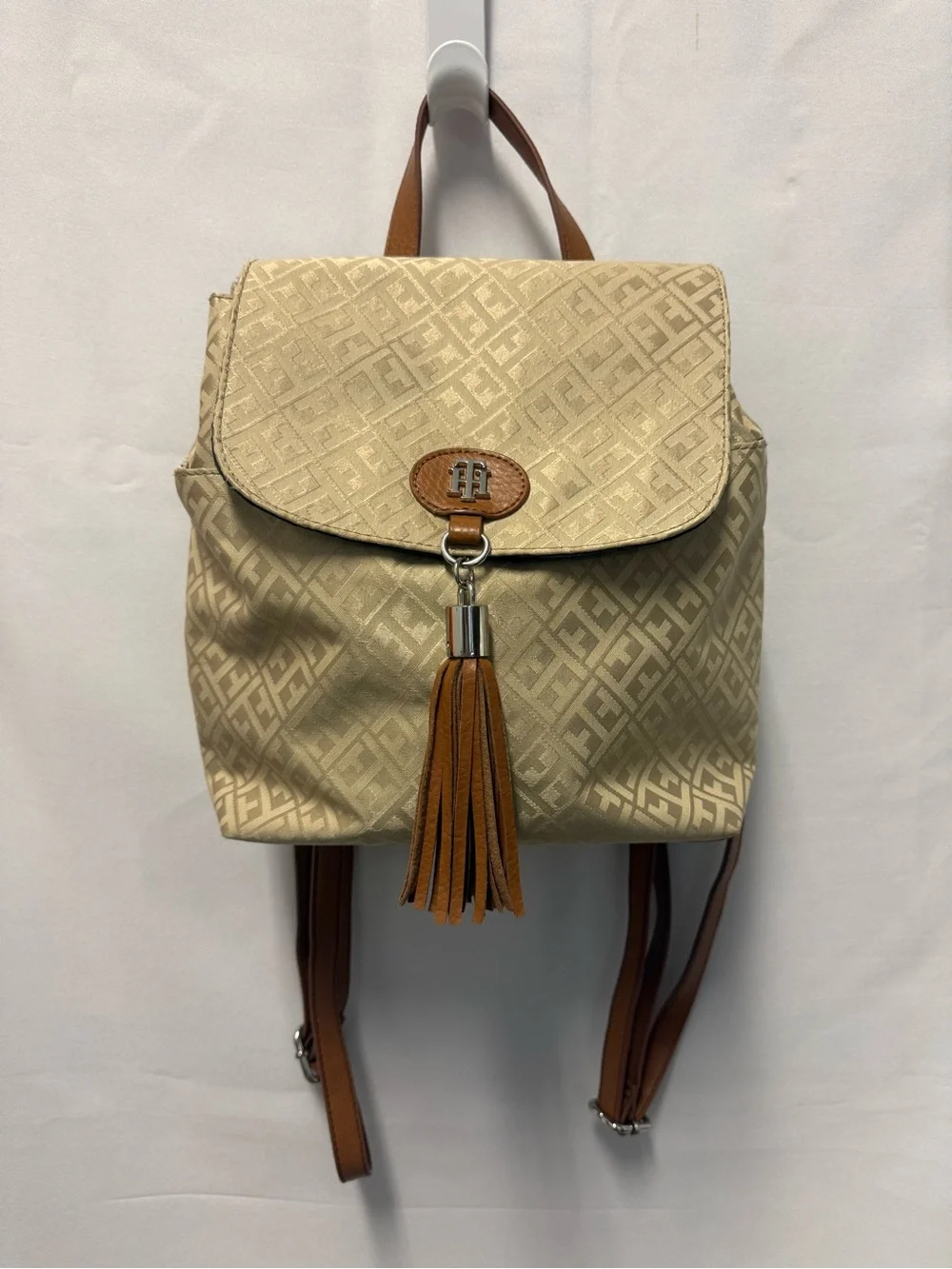 Beige Patterned Backpack with Tassel